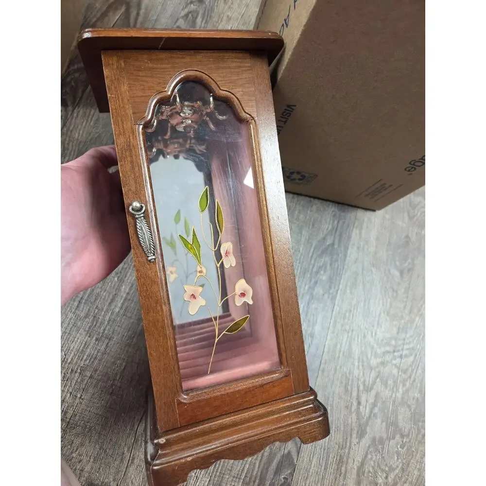 Farrington Vintage Wooden Glass Front Velour Lined Mirrored Jewelry Box Holder